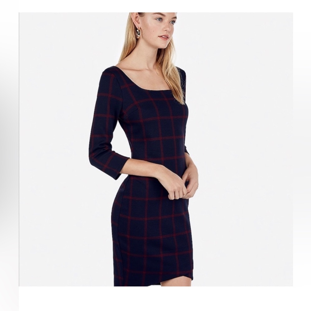 NWT Express Willow Plaid square neck Sheath Dress 3/4 sleeve XS‎